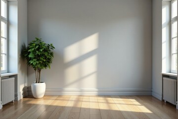 Sunlit Empty Room with Plant in Corner, Hardwood Floors and White Walls
