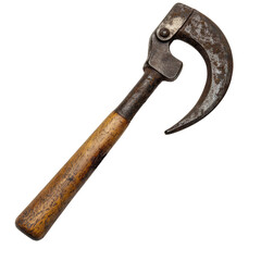 Vintage sickle tool with a wooden handle on a white background for agricultural and farming themes