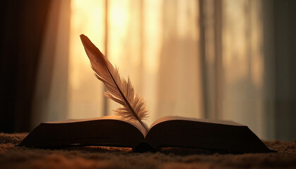 Open book with feather quill against soft sunlight background