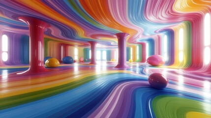 Obraz premium Psychedelic-themed baby playroom, swirling kaleidoscope patterns on walls and floor, toys in vibrant rainbow colors, surreal floating shapes, abstract digital painting