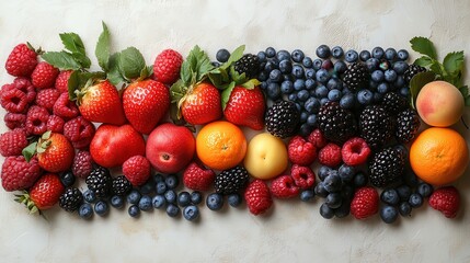 collection of colorful fruits and berries displayed with vibrant colors and natural textures on a clean white surface providing a representation of healthy and varied food choices copy space