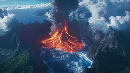 Fototapeta premium Dramatic aerial scene of erupting volcano on lush tropical island
