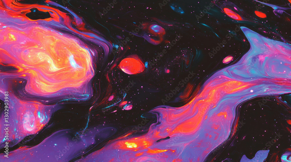 Poster cosmic abstract background with swirling galaxies in vivid colors for creative design
