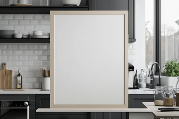Mockup de moldura vertical em cozinha moderna com utensílios, plantas e decoração minimalista, criado com IA generativa para visualização de arte e design