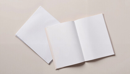 Blank notepad and open notebook on light background, mockup
