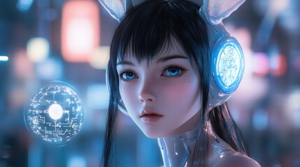 Naklejka premium Cyberpunk Anime Girl with Bunny Ears and Futuristic Headphones