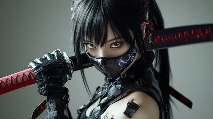 Naklejka premium Cyberpunk Female Warrior Cosplay: A Stunning Portrait of a Futuristic Ninja with Katana