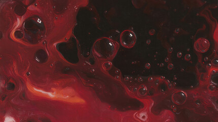 Abstract close-up of deep crimson red oil swirls with bubbles