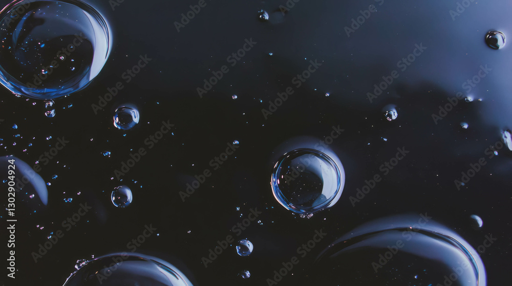 Poster Mysterious deep slate gray oil texture with glossy bubbles for abstract design