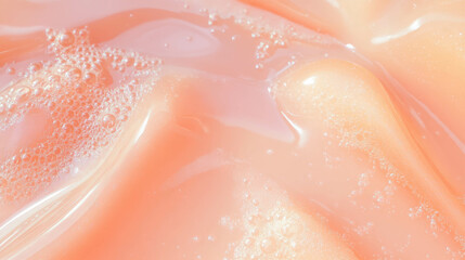 Fototapeta premium Close-up of light peach oil texture with bubbles for skincare design