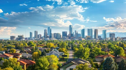 Obraz premium Vibrant City Skyline Overlooking Lush Greenery Under a Colorful Sky