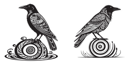 Two Detailed Crow Illustrations with Intricate Patterns Perched on Stylized Circular Designs: Black and White Vector Graphic, Crow Art, Raven Illustration, Ornate Birds, 