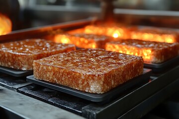 Cooking meat squares in kitchen, grilling style