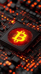 Glowing Bitcoin Cryptocurrency on Digital Circuit Board Technology Environment Close-Up Viewpoint Futuristic Concept