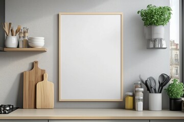 Mockup de moldura vertical em cozinha moderna com utensílios, plantas e decoração minimalista, criado com IA generativa para visualização de arte e design