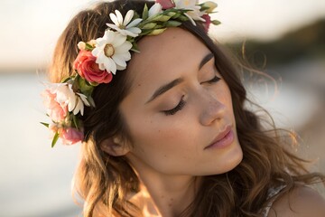 Naklejka premium Minimalistic photo of a woman with flowers in her hair, golden hour light casting a soft glow on her face, extreme close-up with perfectly defined eyes, softly blurred background.