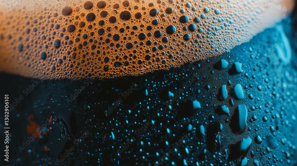 Poster close up of dark beer texture with large foamy bubbles for beverage background