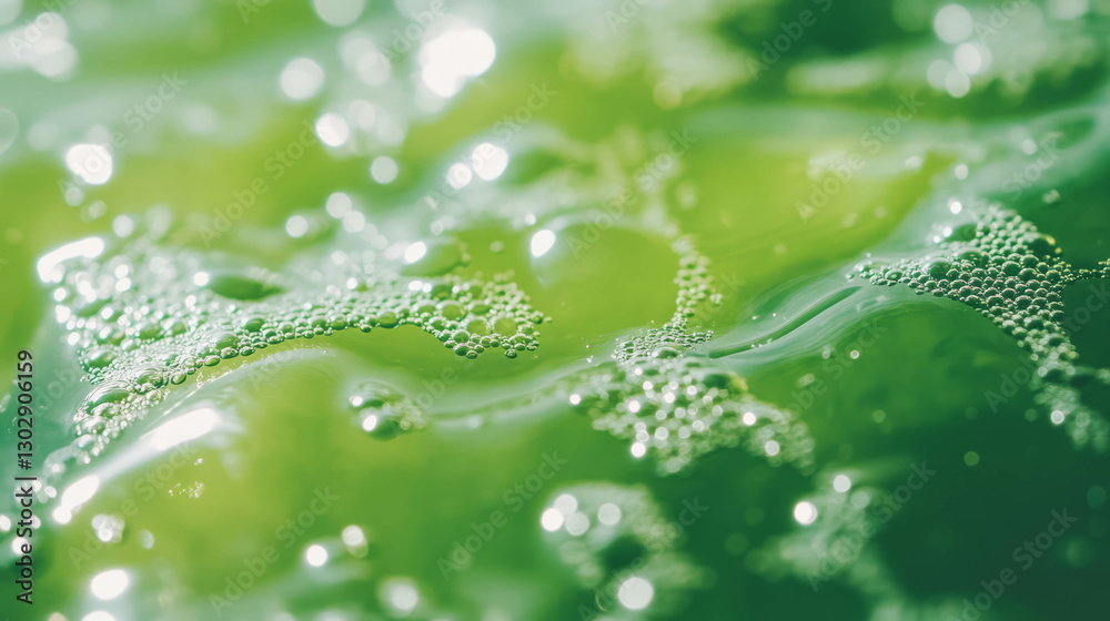 Poster close up of green tea texture with tiny bubbles for refreshing beverage design