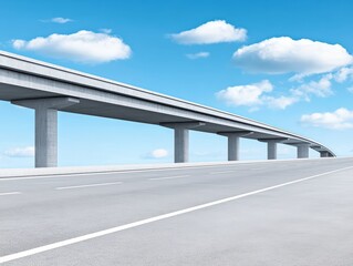 A modern highway overpass stretching into a clear blue sky with fluffy clouds