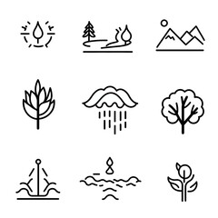 Fototapeta premium Nature Element Icons Set: Water Cycle, Mountain Landscape, Plant Growth