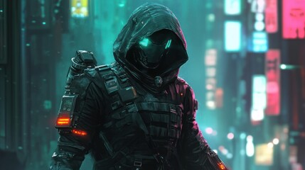 Cyberpunk Night City Assassin: Futuristic Warrior in Neon-Lit Streets