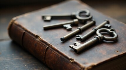 Antique Skeleton Keys Resting on Aged Leather-Bound Book A Symbol of Forgotten Secrets and Hidden Knowledge