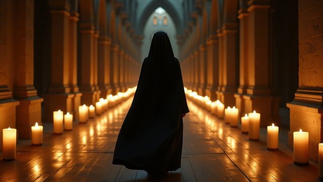 Monja con h&aacute;bito negro, caminando por un largo pasillo iluminado por velas, su silueta enmarcada por luces parpadeantes
