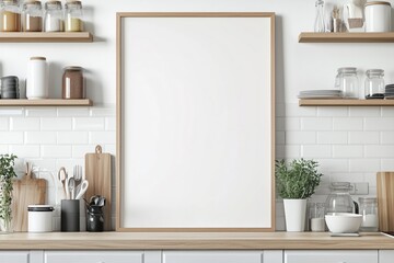Mockup de moldura vertical em cozinha moderna com utensílios, plantas e decoração minimalista, criado com IA generativa para visualização de arte e design