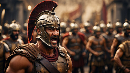 An enraged spartan commander leading a battle charge, armored and helmeted, shows his power.