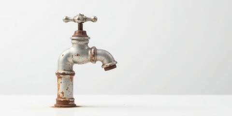 A weathered metallic faucet, exhibiting signs of age and rust, stands alone against a simple, bright backdrop.