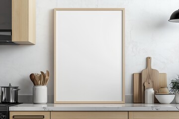 Mockup de moldura vertical em cozinha moderna com utensílios, plantas e decoração minimalista, criado com IA generativa para visualização de arte e design
