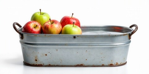 Rustic metal container filled with water, holding a collection of vibrant red and green apples, showcasing a simple yet appealing still life arrangement.