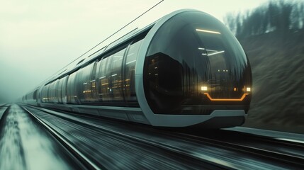 Naklejka premium Futuristic High-Speed Train in Misty Mountain Landscape