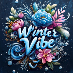 Vibrant floral design with text promoting winter vibes and cheer. Generative AI