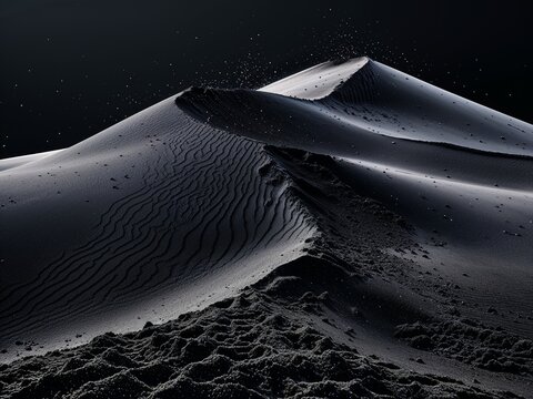 Soil in sandy blackish irregular dune with texture on plain black background