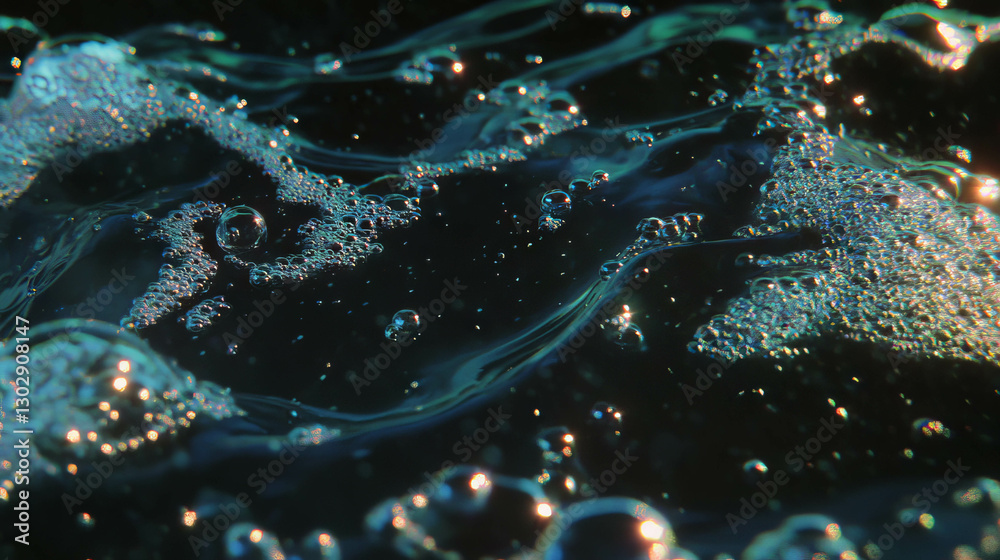 Poster close up of sparkling water bubbles and texture with reflective surface