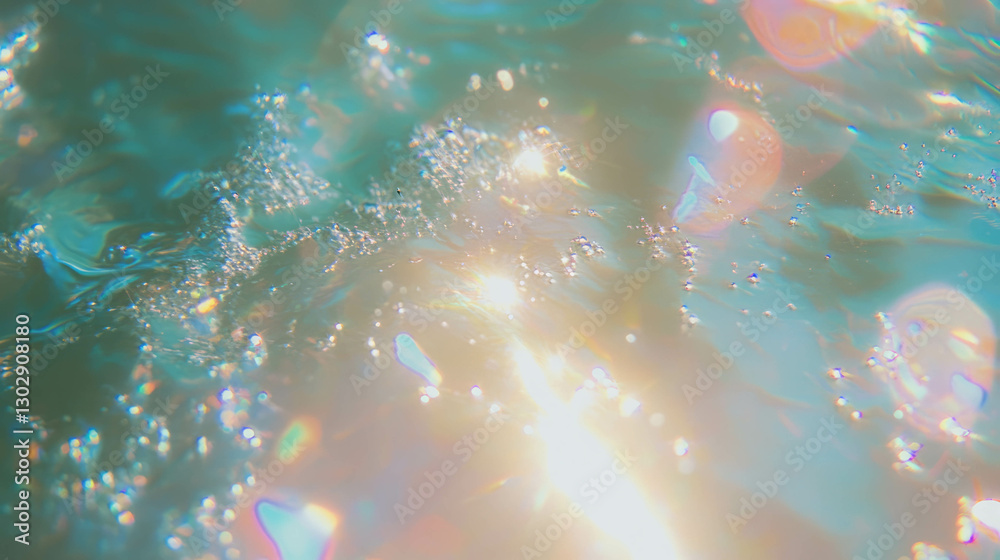 Poster close up of sparkling water texture with sunlight reflections and tiny bubbles