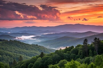 Obraz premium Breathtaking Sunset Over Misty Mountains and Lush Green Forests