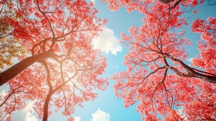 Fototapeta premium Blooming Cherry Trees Against a Sunny Sky with Sunlight Bursting Through
