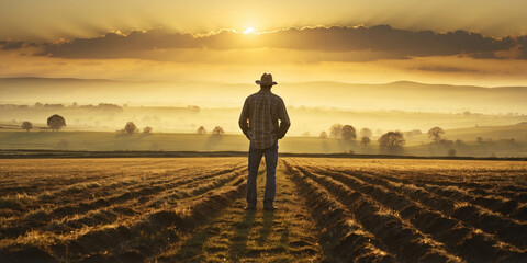 Fototapeta premium A lone farmer surveys his land as the sun rises over a golden field, marking a new day and fresh start.