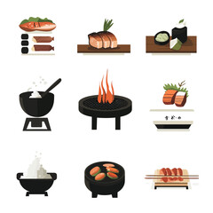 Japanese Cuisine Icons: Sushi, Grill, and Hot Pot Food Preparation Art