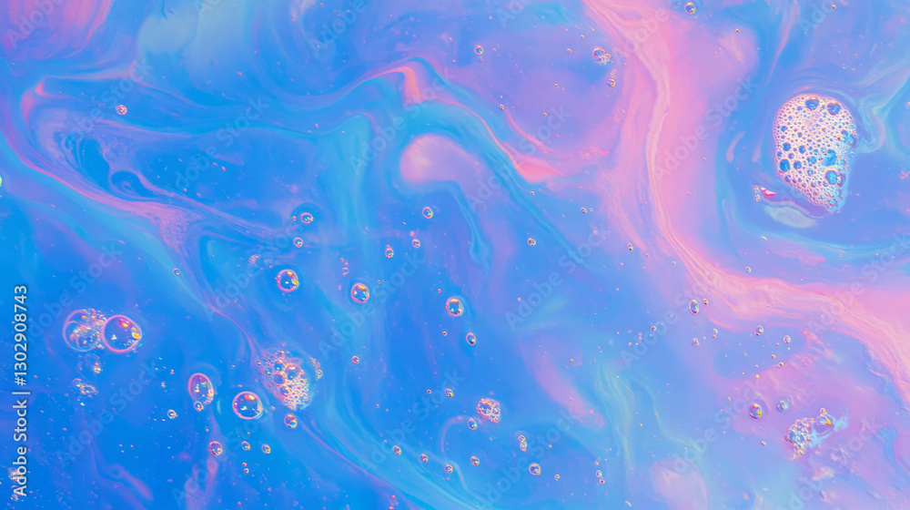 Poster Elegant and clean blue fluid texture with close-up bubbles for abstract design