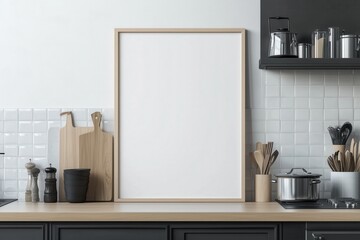 Mockup de moldura vertical em cozinha moderna com utensílios, plantas e decoração minimalista, criado com IA generativa para visualização de arte e design