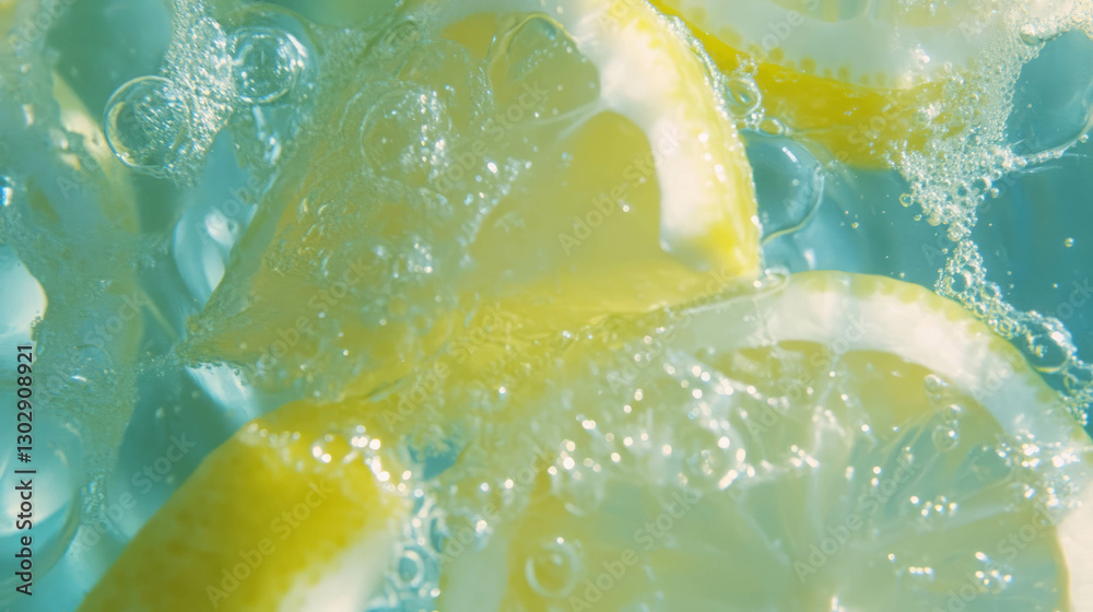 Poster close up of refreshing lemon slices in sparkling water for summer beverage concept