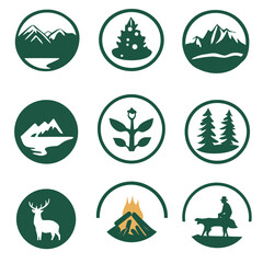 Obraz premium Green Forest Adventure Icons Set: Mountains, Trees, Wildlife, Campfire