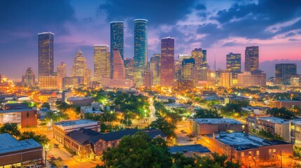 Obraz premium Houston Texas Cityscape at Dusk with Skyline and City Lights