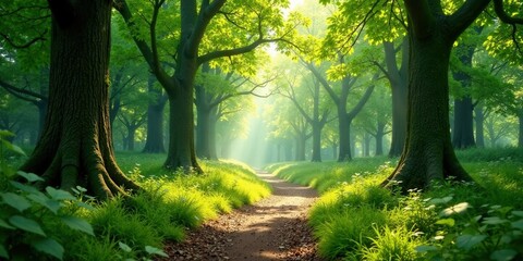 Obraz premium Sunlit Path Through Lush Green Woodland, Serene and Peaceful Forest Scene with Majestic Trees