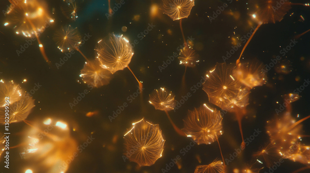Poster Elegant close-up of dandelion seeds floating in ambient light texture