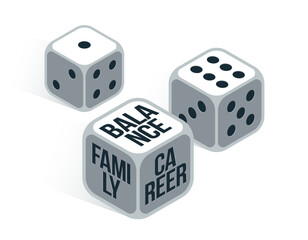 Vector concept of rolling dices and choosing balance between family and career in life for a person in modern world life, vector illustration.