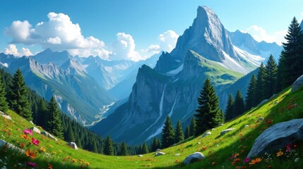 Obraz premium Majestic Mountain Vista Verdant Valley, Wildflowers, and Towering Peaks Under a Summer Sky